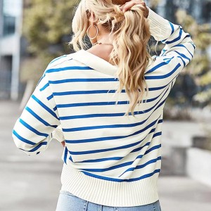 Women’s Striped Knitted Sweater, Casual Lapel Collar, European & American Style