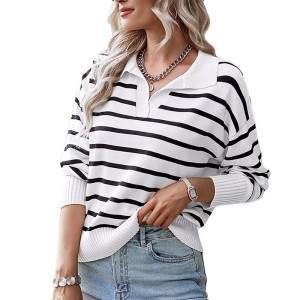 Women’s Striped Knitted Sweater, Casual Lapel Collar, European & American Style